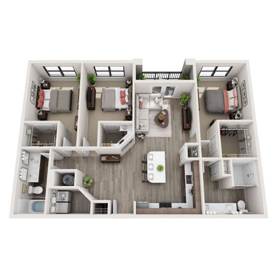 Rendering of the C1 floor plan with 3 bedroom[s] and 2 bathroom[s] at Bainbridge Winter Park